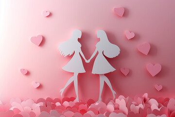 Fototapeta premium Paper Silhouettes of Women Surrounded by Pink Hearts