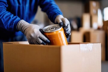 A gloved worker systematically organizes orange and silver cans into a cardboard box in a warehouse environment, showcasing a scene of packaging and orderliness.