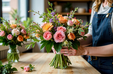 Woman florist create flower arrangement, close-up. Beautiful bouquet of mixed flowers. Floral shop concept . Handsome fresh bouquet. Flowers delivery