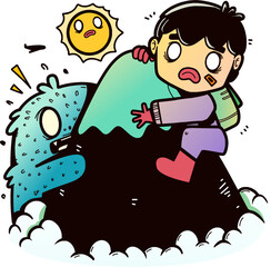 A Man and Big Foot is climbing and hiking in the mountain
