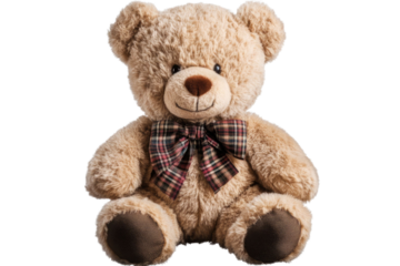 teddy bear with tartan bow on transparent background