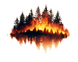 Forest fire reflection creating an intense visual in vivid colors, white isolate background
