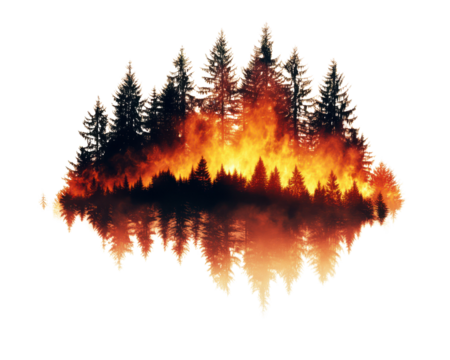 Forest fire reflection creating an intense visual in vivid colors, white isolate background