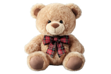 teddy bear with tartan bow on transparent background
