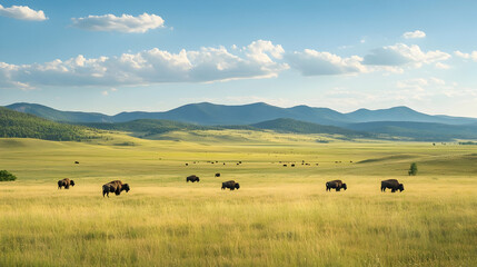 Obraz premium Montana Wildlife Park with open grasslands and roaming bison, rugged American wilderness