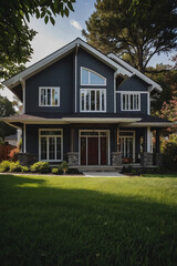 Two-story dark gray house with white trim, large windows, and a covered porch.  Stone accents on the front.  The house is set back on a lawn with mature trees in the background.