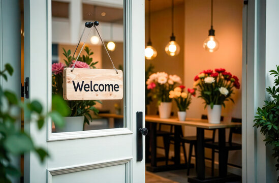 Welcome sign on the open door of the flower shop, close-up