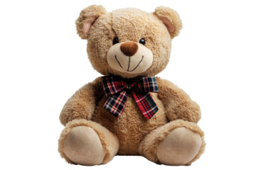teddy bear with tartan bow on transparent background