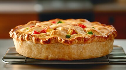 A freshly baked chicken pot pie with a golden-brown crust, filled with savory chicken and vegetables.  The perfect comfort food!