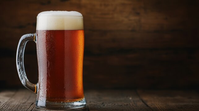 A refreshing glass of amber beer with foamy head, set against a rustic wooden background.