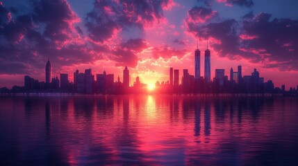 Fototapeta premium Vibrant sunset over a city skyline reflected in water.