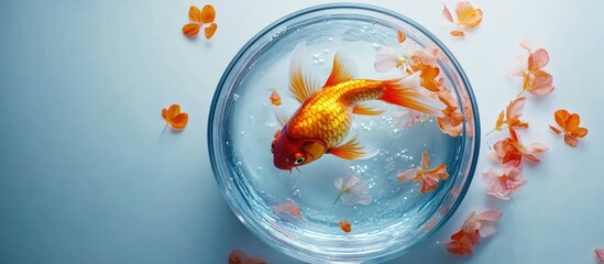 Goldfish in a Bowl with Flower Petals: A Serene Aquatic Scene