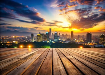 Fototapeta premium Cityscape Wooden Deck View: Stunning Urban Panorama from Elevated Balcony