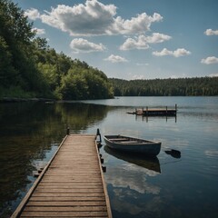Obraz premium A calm lake with a dock and a rowboat moored to its edge.