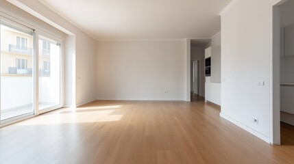 Obraz premium Bright and Airy Modern Living Room with Neutral Tones and Empty Wall