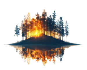 Scenic forest reflecting on water at sunset with vibrant colors and serene atmosphere.