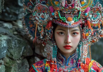 Beautiful young woman in the national costume of Yunnan Province, China, wearing a hat decorated with beads and pearls, posing for a photo against the backdrop of an ancient stone wall