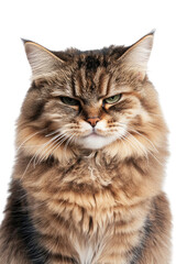 Obraz premium A close-up of a fluffy, serious-looking cat with expressive eyes against a black background on white background , cut out. 