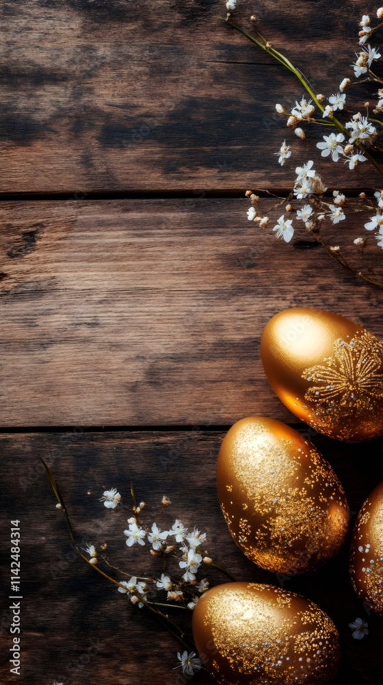 Poster festive and elegant golden easter eggs with glitter and white flowers placed on a rustic wooden tabl