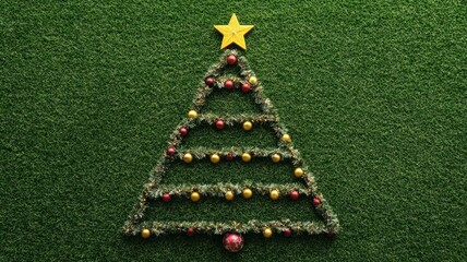 Christmas tree with of tennis ball on football pitch lawn on on the golf course, winter holidays on sport pitch lawn, copy space