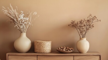 Obraz premium Creative composition of living room interior with wooden sideboard, stylish vase with dried flowers, stylish casket, nuts in bowl, brown wall and personal accessories. Home decor. Template. 