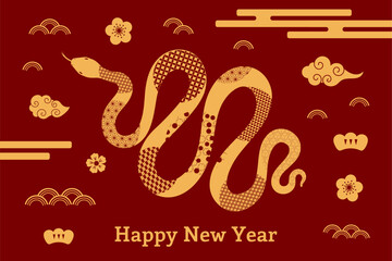 2025 Chinese New Year snake, abstract elements, clouds, flowers, typography Happy New Year, gold on red. Vector illustration. Line art. Asian style design. Concept holiday card, banner, poster, decor