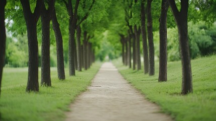 Fototapeta premium Tranquil Park Path Leading Through Lush Green Trees with Open Central Space