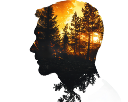 Silhouette of a man with a forest landscape inside, emphasizing nature and identity.
