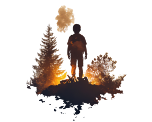 Silhouette of a person amidst a forest fire and smoke, symbolizing climate change.