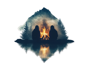Silhouettes of two campers by a campfire, surrounded by trees and a tranquil reflection.