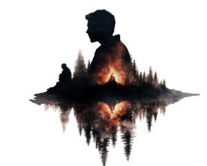 Visual metaphor of inner turmoil represented by landscape and fire reflection.