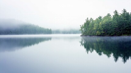 Obraz premium Tranquil Lake Landscape at Sunrise with Reflections of Trees and Fog in a Summer Park