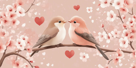 two birds on a branch of a tree with hearts