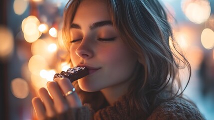 Young Woman Enjoys Sweet Chocolate Treat In Festive Lights