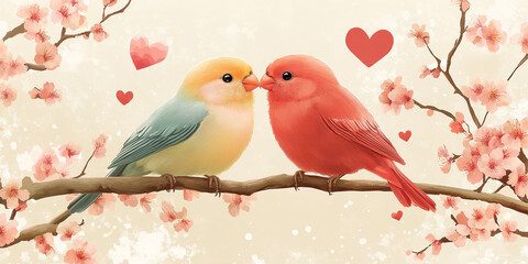 two birds on a branch of a tree with hearts