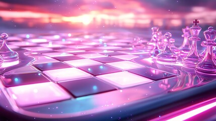 strategy and planning concept. Futuristic Chessboard with Translucent Kings and Queens