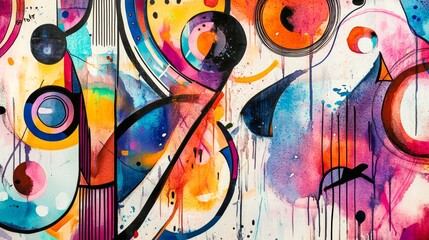 Watercolor modern abstract shapes, circles, stripes, tribal symbols, spots, doodles colorful seamless pattern. Painted hand drawn dirty vector background. Trendy graffiti style arrangement art design.