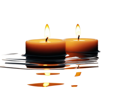 Two lit candles floating calmly on water, creating a serene ambiance.