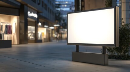 Blank billboard in a modern shopping center. Display for mock-up and advertising. Blackground with mannequins in fashion shop display window.