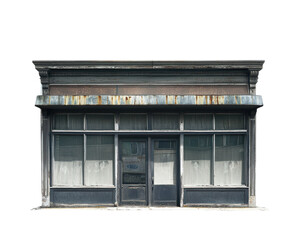 Abandoned storefront, weathered facade, empty windows, white isolated background