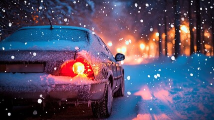 back view of Car Parked Under Streetlights in a Snowy Night Scene, Highlighting Elegance and the Drama of Winter Aesthetics