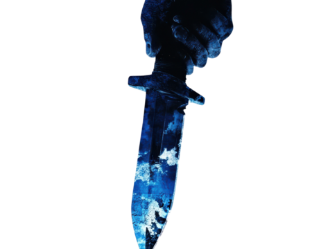 Hand gripping a dark knife, artistic blue patterns on blade, isolated on white background.