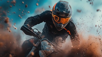 closeup shot of Motorcyclist in Full Gear Racing Through a Vibrant Urban Scene, Capturing Speed, Precision, and the Thrill of the Ride