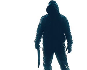 Silhouette of a hooded figure holding a knife, isolated on a white background.