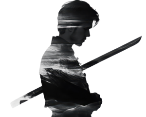 Silhouette of a warrior with sword and mountain landscape, white isolate background.