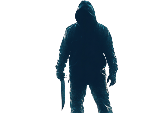 Silhouette of a hooded figure holding a knife, isolated on a white background.
