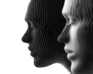 Abstract representation of human profiles in black and white.