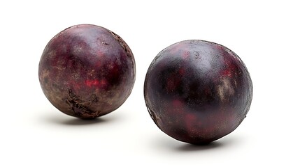Obraz premium Close-up image of fresh beetroot with deep red-purple color and earthy texture, isolated on a white background, crisp focus and rich saturation 