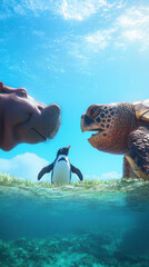 pygmy hippo, turtle, and penguin interact in vibrant underwater scene, showcasing their unique friendship and playful nature