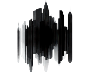 Abstract city skyline design with vertical black and white shapes.